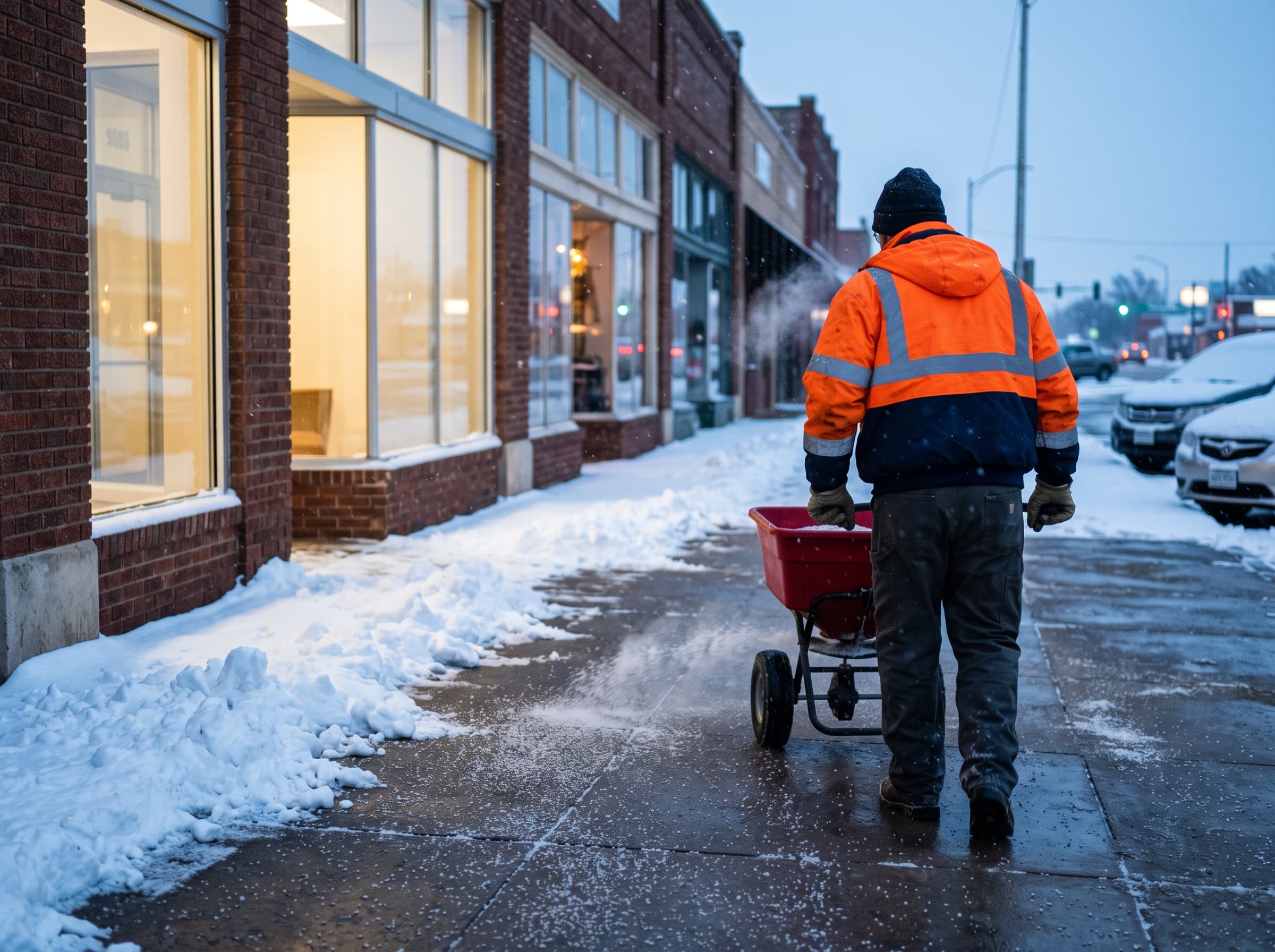 Crew member salting a commercial sidewalk