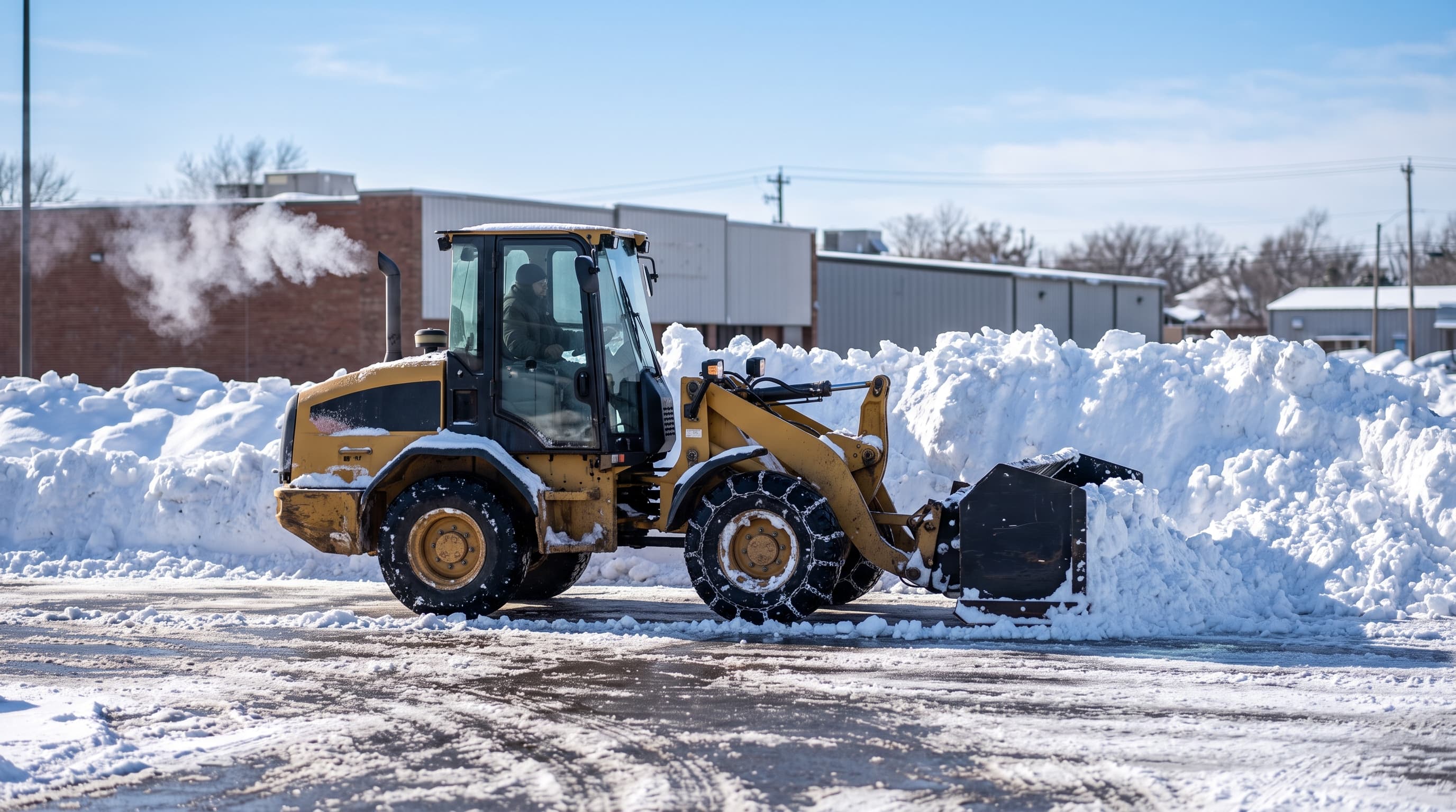 Loader clearing a commercial lot after a storm